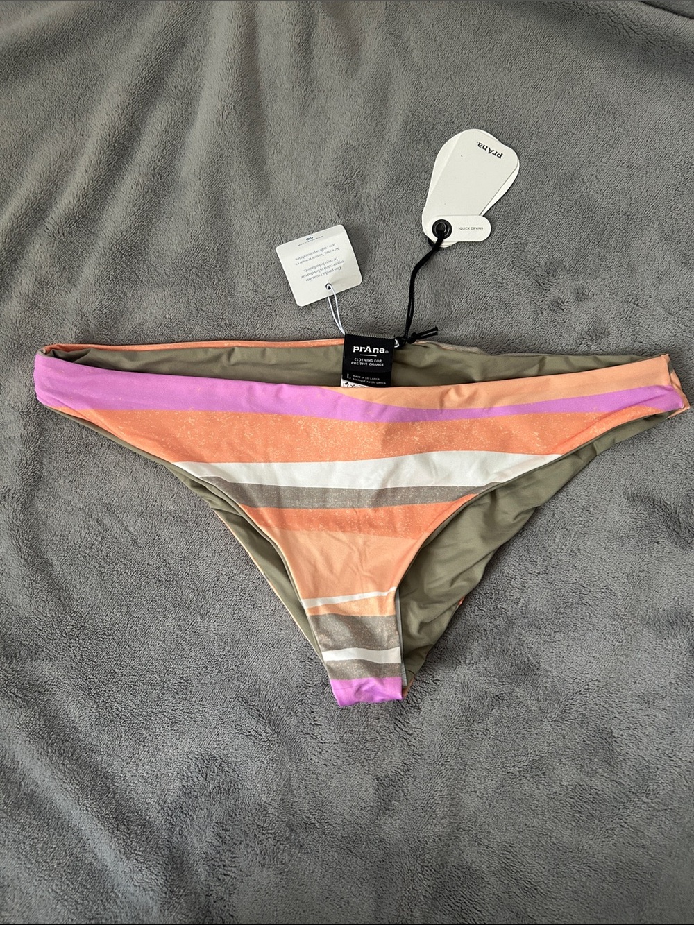 Prana Reversable Women's Olive Bikini Bottom with Peach, Pink and Cream Stripes